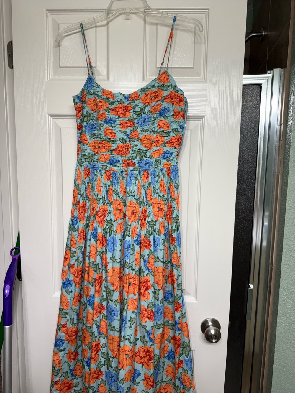 Olivaceous Floral Spaghetti-Strap Maxi Dress in Orange & Blue
